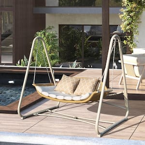 2-Person White Steel Frame Wicker Patio Swing with White Cushion