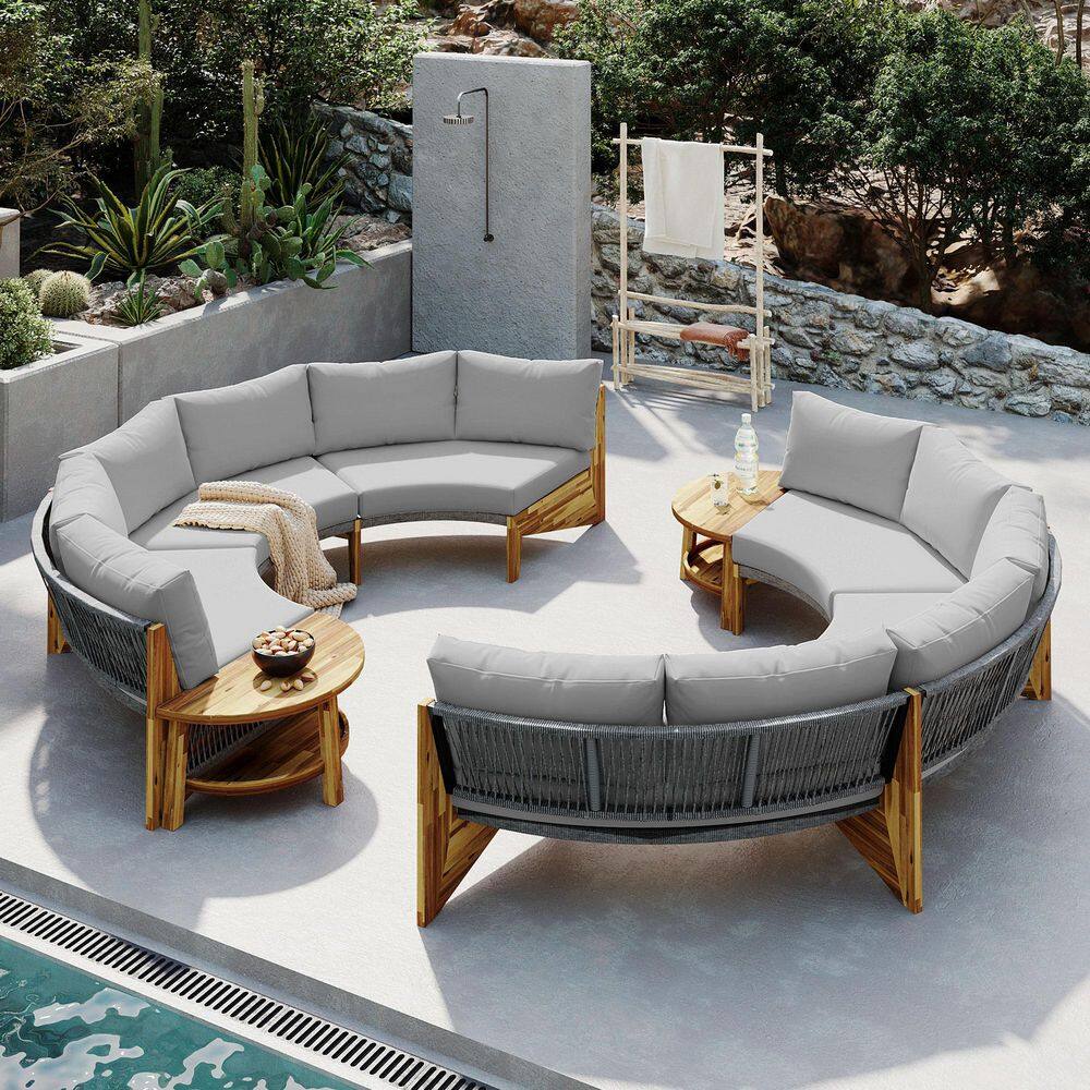Sudzendf 4-Piece Brown Wood Patio Conversation Set with Grey Cushions ...