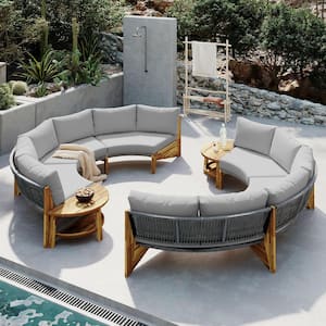 4-Piece Brown Wood Patio Conversation Set with Grey Cushions