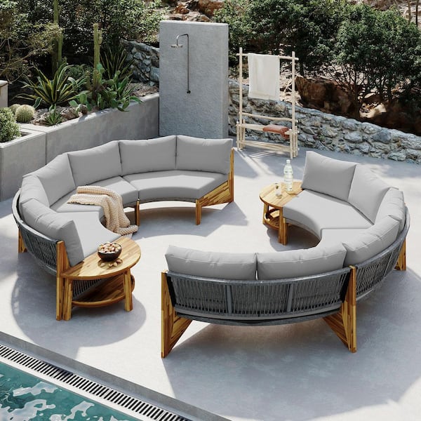 Sudzendf 4-Piece Brown Wood Patio Conversation Set with Grey Cushions