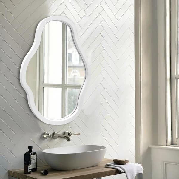 LuxHomez 20 in. W x 28 in. H Irregular Wooden White Frame Wall Mirror Modern Decorative Wall Mirror Vanity Mirror