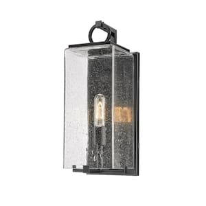 Sana 6.75 in. 1-Light Outdoor Coach Wall Sconce Black with Seedy Glass Shade