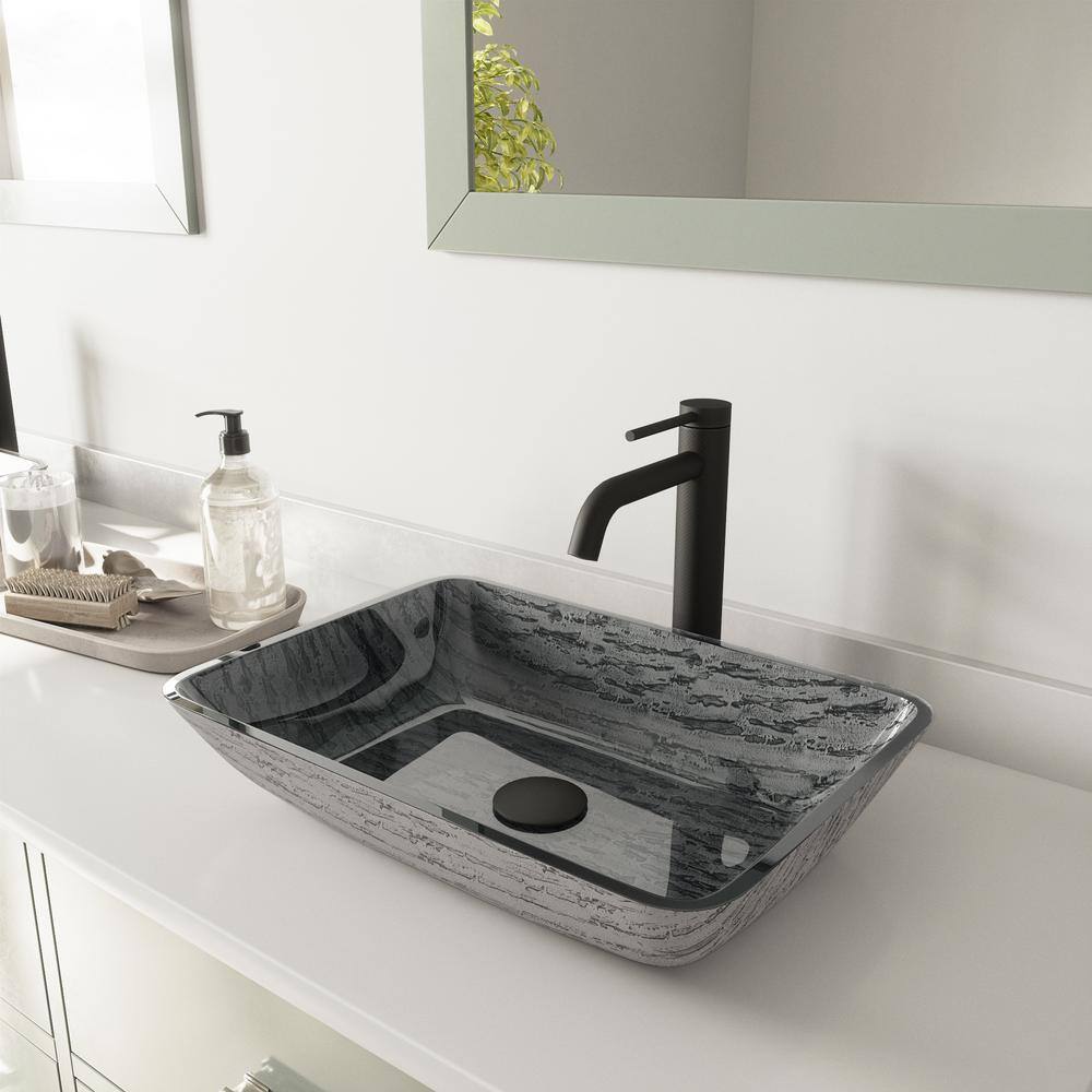 Glass Rectangular Vessel Bathroom Sink in Titanium Gray with Lexington Faucet and Pop-Up Drain in Matte Black price history on PriceWatchPro