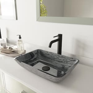 Glass Rectangular Vessel Bathroom Sink in Titanium Gray with Lexington Faucet and Pop-Up Drain in Matte Black
