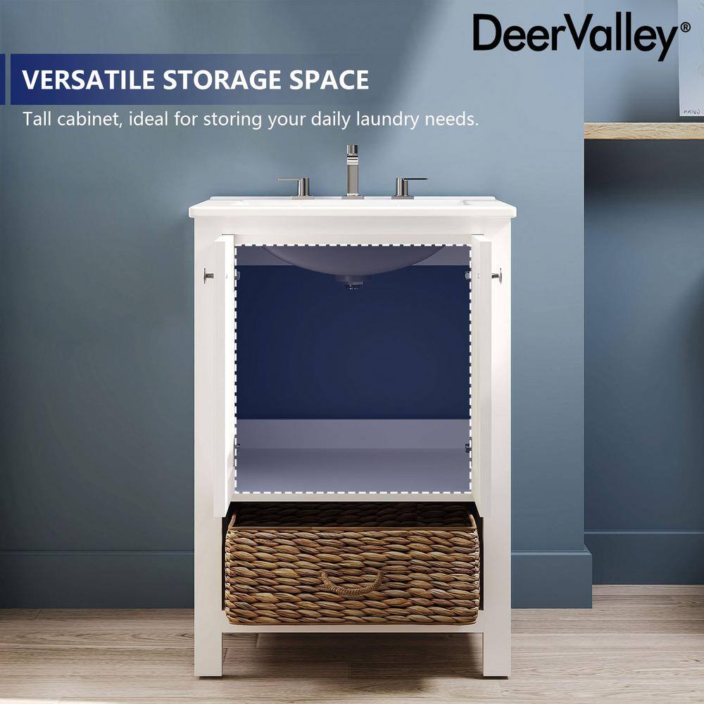 24" White Freestanding Bathroom Vanity with Ceramic Top and Woven Basket