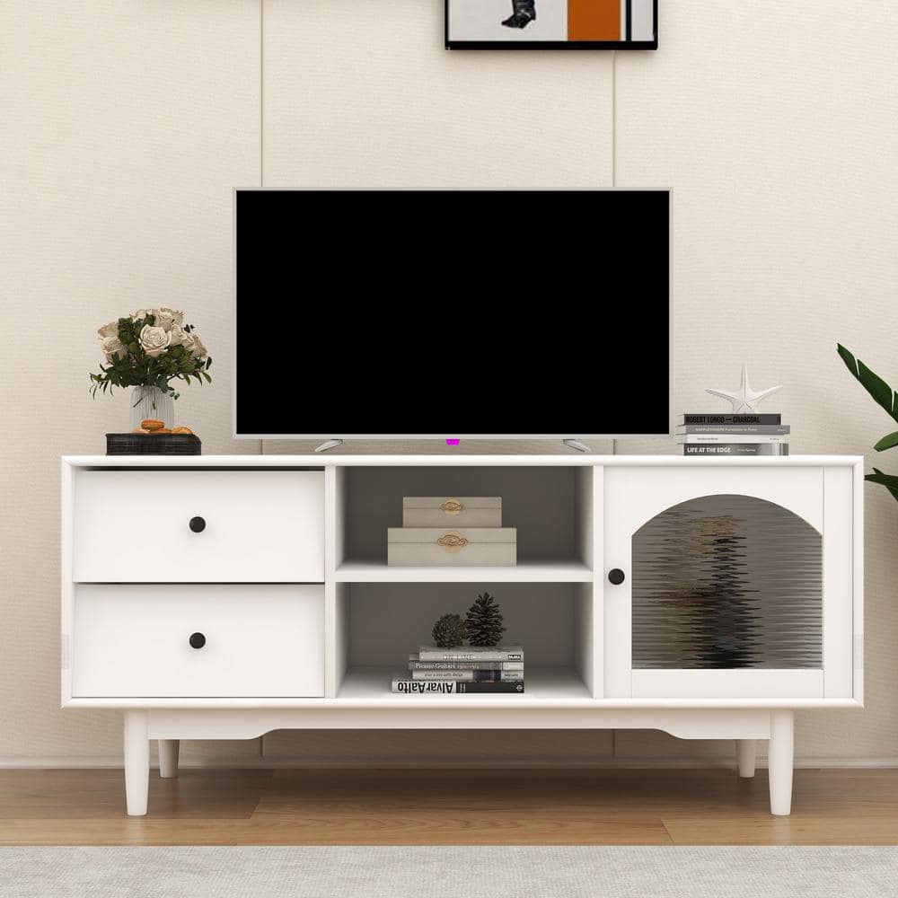 Tileon White TV Stand with Drawers and Open Shelves, A with