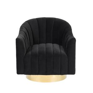 Black Modern Velvet Upholstered Swivel Barrel Chair with Gold Base