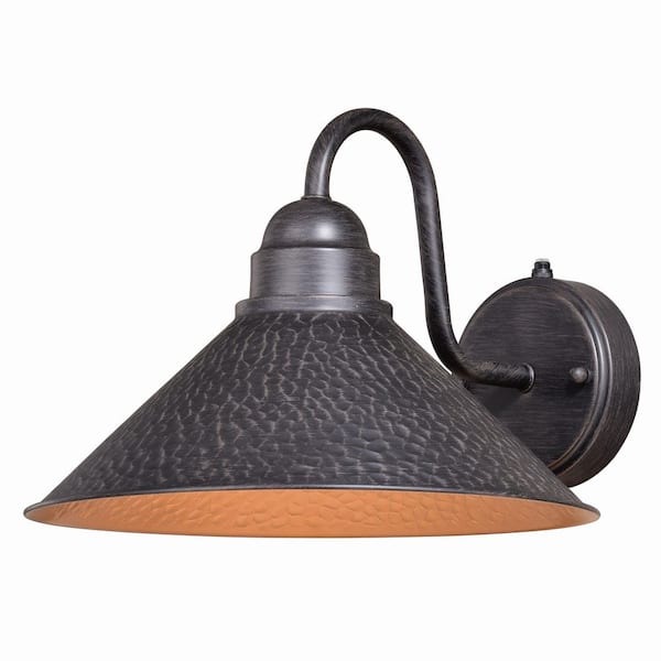 Outland 1-Light Dusk to Dawn Black Gold Farmhouse Barn Dome Outdoor Wall Lantern Sconce