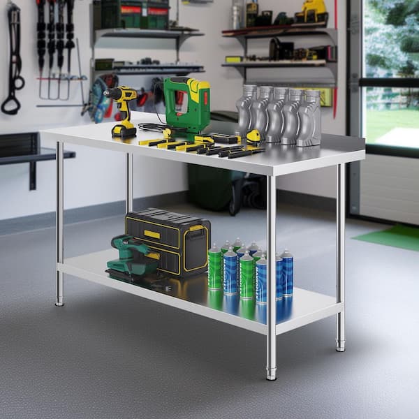 18 x 48 x 34 In. Stainless Steel Food Prep Table, Commercial Kitchen Worktable with 2 Adjustable Undershelf, Silver