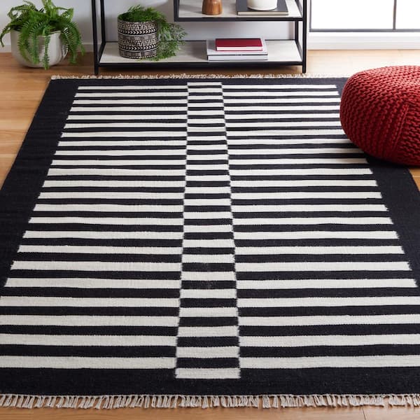 Striped Kilim Black Ivory 6 ft. x 9 ft. Border Striped Area Rug