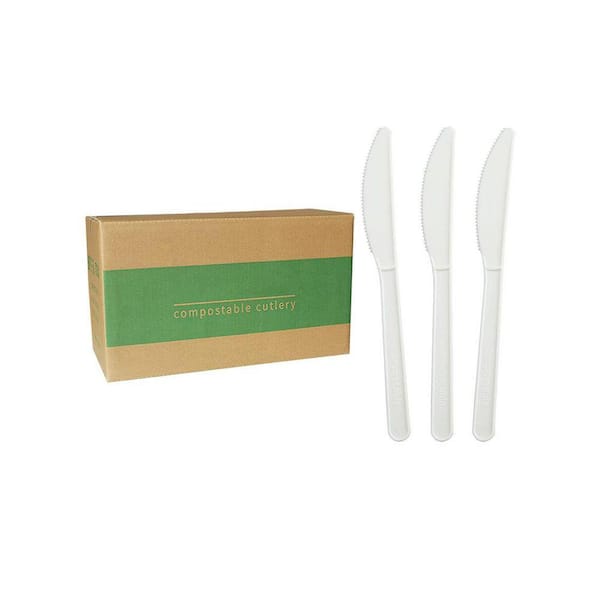 White White Family Disposable CPLA Compostable Knives Bulk Cutlery Utensils 1000 Per Case BPI Certified