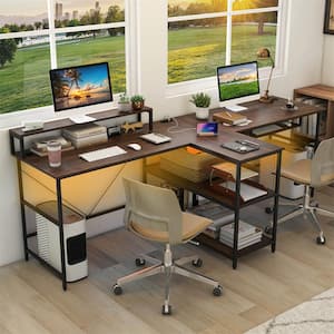 94.5 in. Rectangular Coffee 2-Person Reversible Office Computer Desk with LED Lights