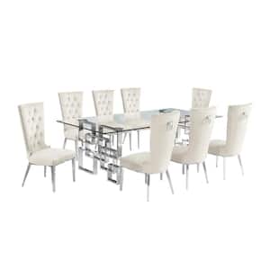 Dominga 9-Piece Rectangular Glass Top Stainless Steel Base Dining Set Seat Capacity 8 Cream Velvet Fabric