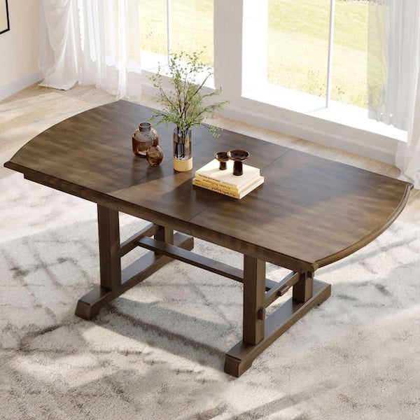 Brown Wood 78 in. Double Pedestal Extendable Dining Table Seats-4