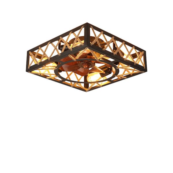 12 in. Indoor Black Flush Mount Caged Low Profile Farmhouse Ceiling Fan with Remote Control and 5 LED Bulbs Included