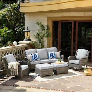 Erie Lake Gray 5-Piece Wicker Outdoor Patio Conversation Seating Sofa Set with Gray Cushions