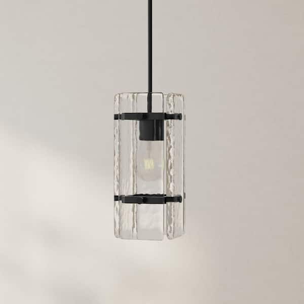 Rivera 60-Watt 1-Light Matte Black Modern Farmhouse Pendant with Textured Glass
