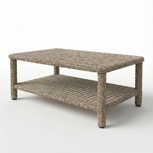 Lily Pond Weathered Gray Rattan Wicker Indoor-Outdoor Patio Outdoor Coffee Table with Lower Storage Shelf