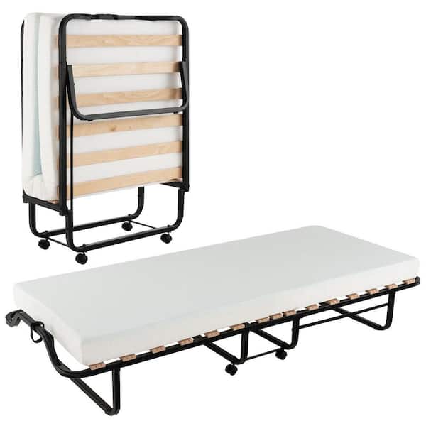 ANGELES HOME White Twin Size Rollaway Bed with Foam Mattress and Lockable Wheels