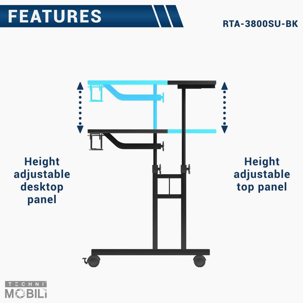 Adjustable Height Black Mobile Writing Desk with Cup Holder and Headphone Hook