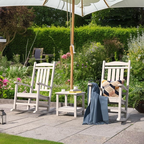 (Set of 2) White HDPE Wood-Look Plastic Outdoor Rocking Chairs-Comfortable and Durable Patio Seating