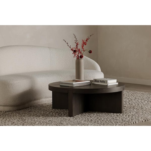 Kaida 38 in. Dark Brown Round Oak Wood Coffee Table with Dado Joinery
