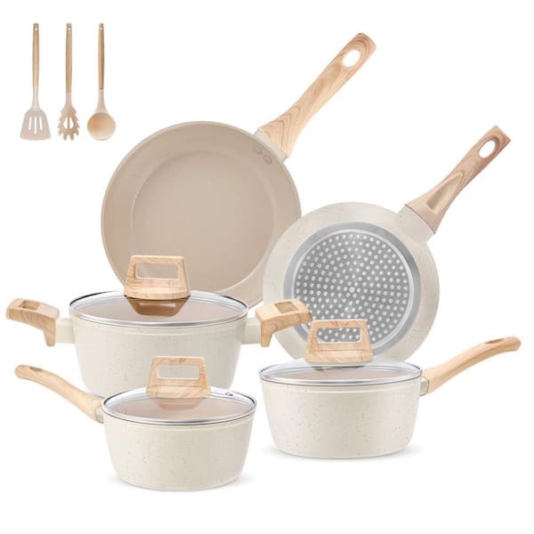 11-Piece Aluminum Nonstick Kitchen Cookware Sets in White, Stay Cool Handle and Bamboo Kitchen Utensils, 100% PFOA Free
