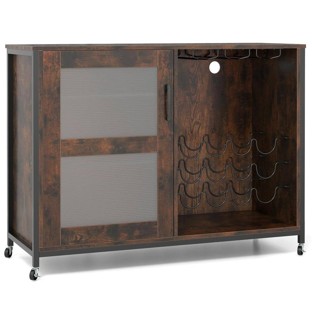 Wine bar cabinet with LED light adjustable shelves rustic brown 42.5 in W on wheels