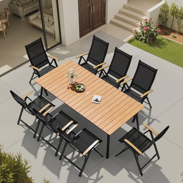 9-Pieces Aluminum Frame Outdoor Patio Dining Set W-Pieces Brown Table w/Teak Armrest Textilene Fabric Chair For Backyard