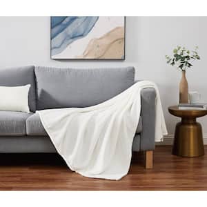 Solid Plush Ivory Polyester 50 in. x 60 in. Throw Blanket