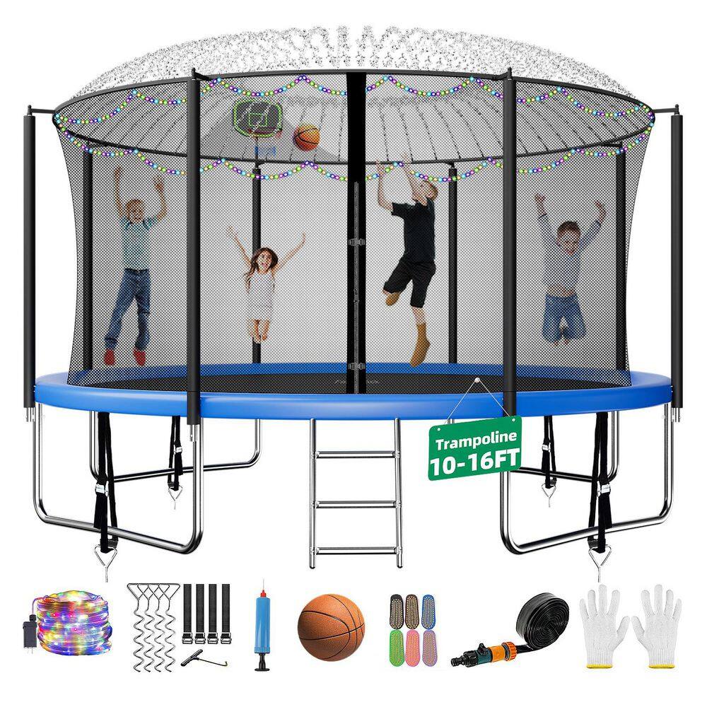 14 ft. Round Trampoline Set with Basketball Hoop, Safety Enclosure, Sprinkler, Lights, Socks and Wind Stakes