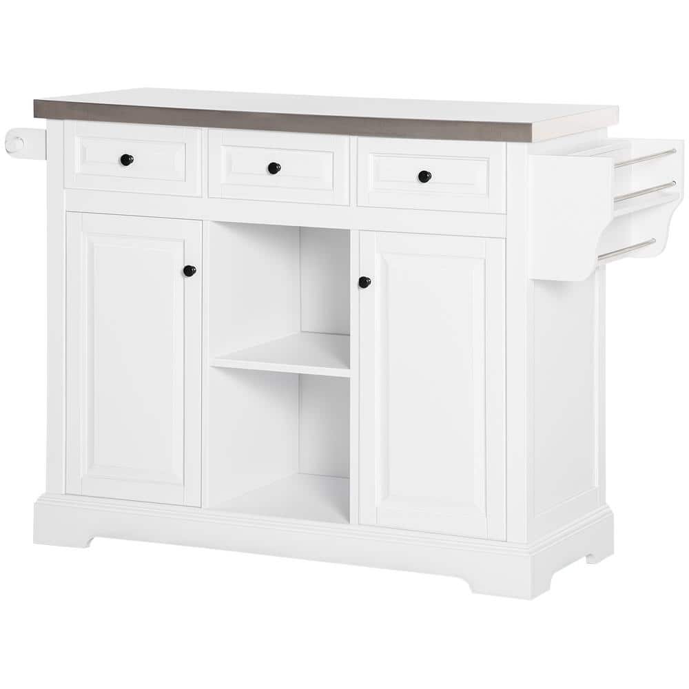 White Wood 50.8 in. Kitchen Island with Stainless Steel Top, Spice Rack and
