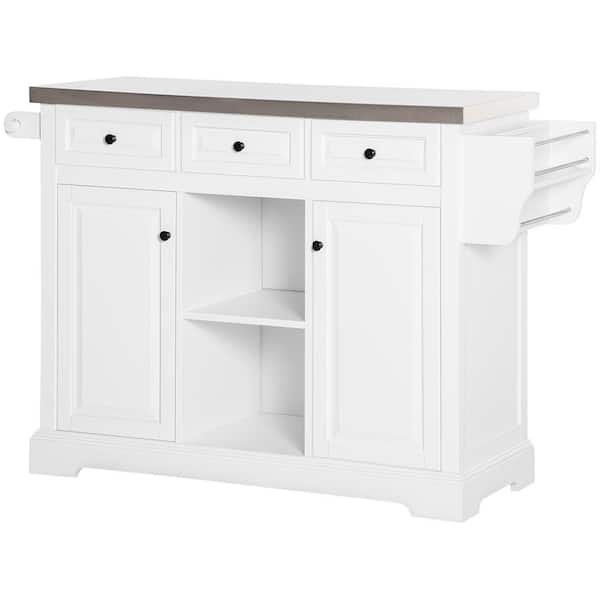 Unbranded White Wood 50.8 in. Kitchen Island with Stainless Steel Top, Spice Rack and Drawers