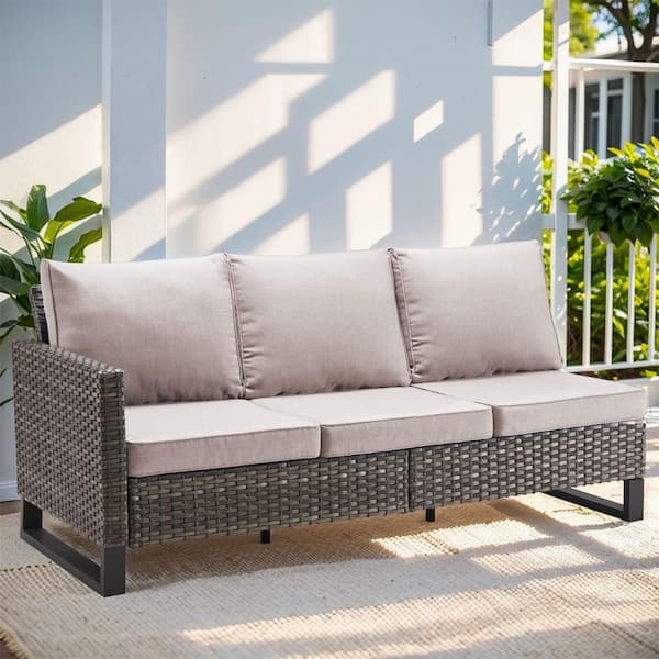 7-Piece Gray Wicker Fire Pit Conversation Set with Olefin Beige Cushions and Sectionsal Sofa/Storage Box