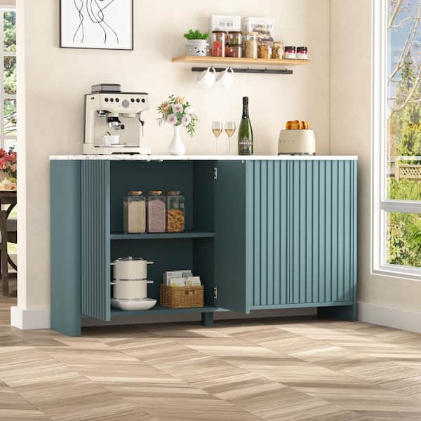 VEIKOUS 60.24 in. W Teal Blue MDF Sideboard Buffet, Accent Storage Cabinet with Adjustable Shelves and Curved Turn