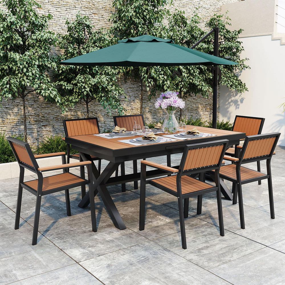 Black 7-Piece Plastic American Style Outdoor Dining Table Set with Extendable Table and 6 Chairs