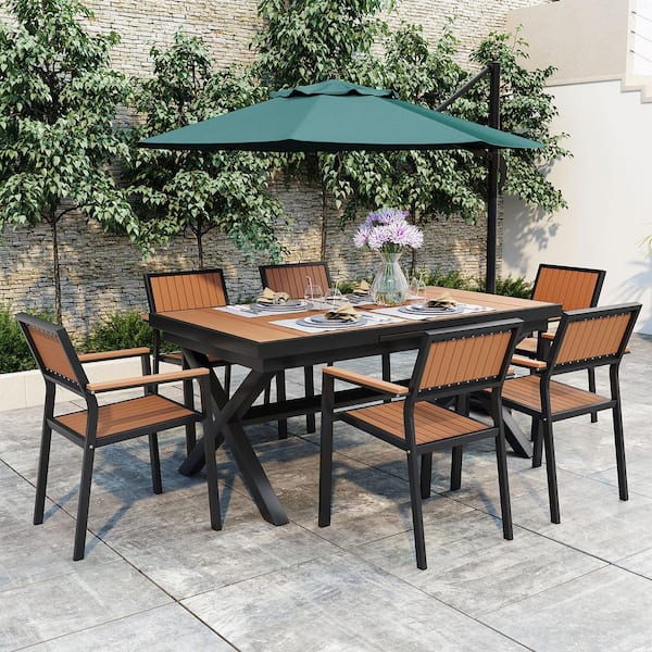 Black 7-Piece Plastic American Style Outdoor Dining Table Set with Extendable Table and 6 Chairs