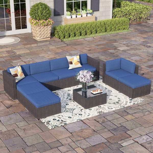 PHI VILLA Black 8 Seat 9-Piece Rattan Wicker Steel Patio Outdoor Sectional Set, 3 Ottomans and Coffee Table with Blue Cushions