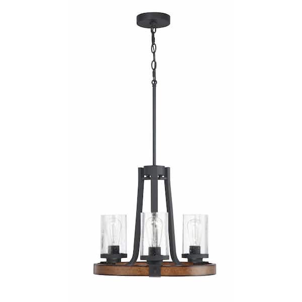 3-Light Shaded Black Matte Wagon Wheel Chandelier