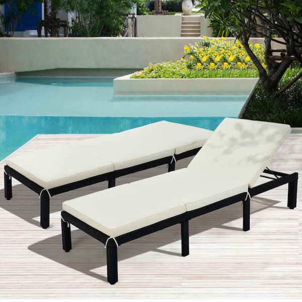 GOSHADOW Black 2-Piece Wicker Outdoor Chaise Lounge with Beige Cushions, Outdoor Adjustable Chair Sunbed