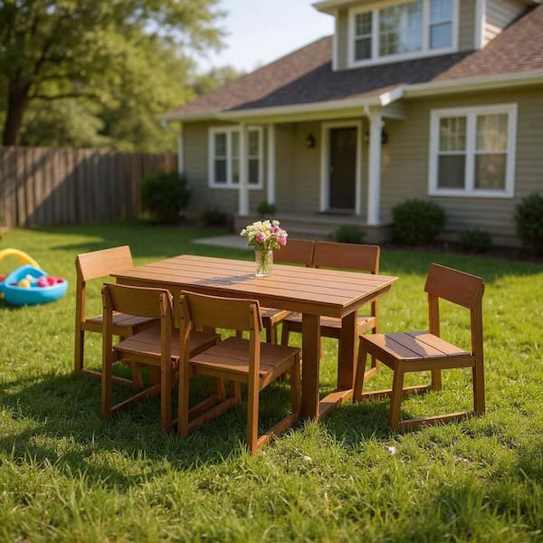 7-Piece Dark Oak Brown All-Weather HDPE Wood Outdoor Dining Set with Umbrella Hole and 6 Armless Chairs