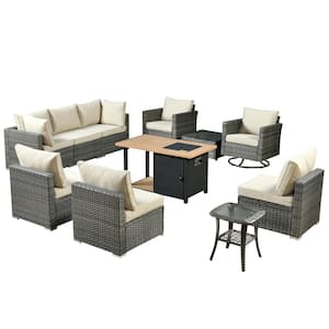 Sanibel Gray 11-Piece Wicker Outdoor Patio Conversation Sofa Sectional Set with a Storage Fire Pit and Beige Cushions