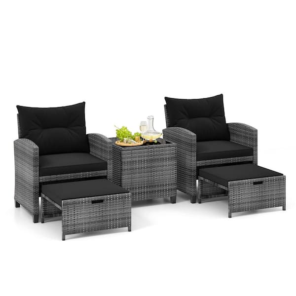 Costway Gray Metal Rattan Patio Conversation Set with Black Cushions