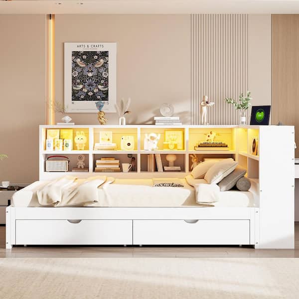 Corvella Modern White Twin XL to King Size Wood Frame Daybed with Drawers, Storage Cabinets, LED Light and USB Ports