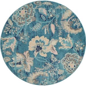 Tranquil Turquoise 5 ft. x 5 ft. Floral Modern Round Area Rug