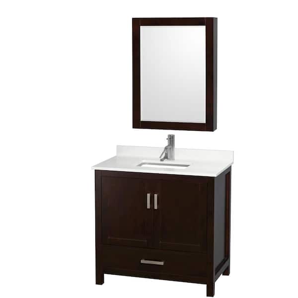 Wyndham Collection Sheffield 36 in. W x 22 in. D x 35 in. H Single Bath Vanity in Espresso with White Quartz Top and Mirror