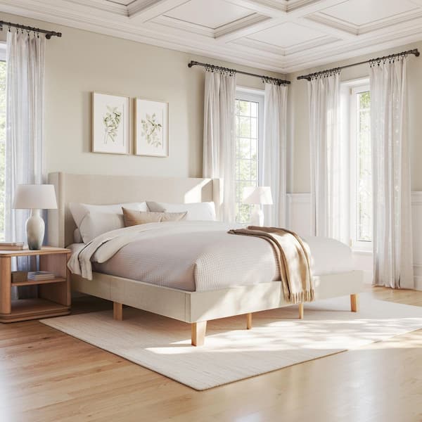 Maisie Beige Wood Frame King Platform Bed with Wingback Headboard and Cushioned Siderails, Wood Slat Foundation