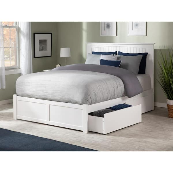 Nantucket White Full Solid Wood Storage Platform Bed with Flat Panel Foot Board and 2 Bed Drawers