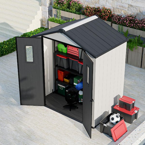 6 ft. W x 4 ft. D Outdoor Resin Storage Shed Garden Tool Shed w/ Lockable Door Window Floor Gable Roof for Backyard