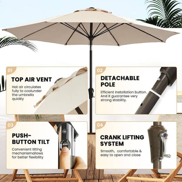 easy up patio umbrella ELSTRAND EVOKE LLC 9 ft. Steel Push-Up Patio Umbrella in Beige Easy Push  Button Tilt and Crank YCHD2038